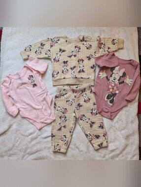 Disney Baby Minnie Mouse 4pc Outfit Set Girls 12M Pink Sweatshirt Pants Bodysuit